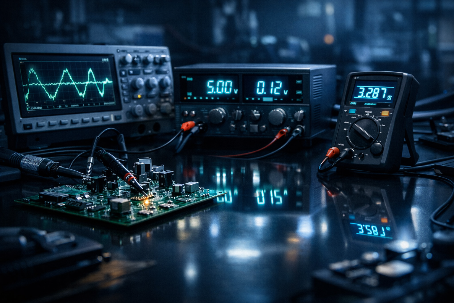 Electronics test bench with oscilloscope, programmable power supply, and multimeter connected to a circuit board under test