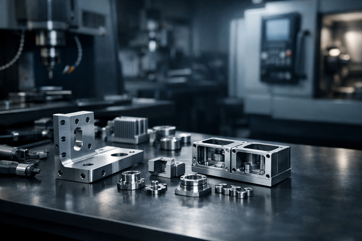 Precision machining workshop with CNC-machined metal brackets and housings on a workbench
