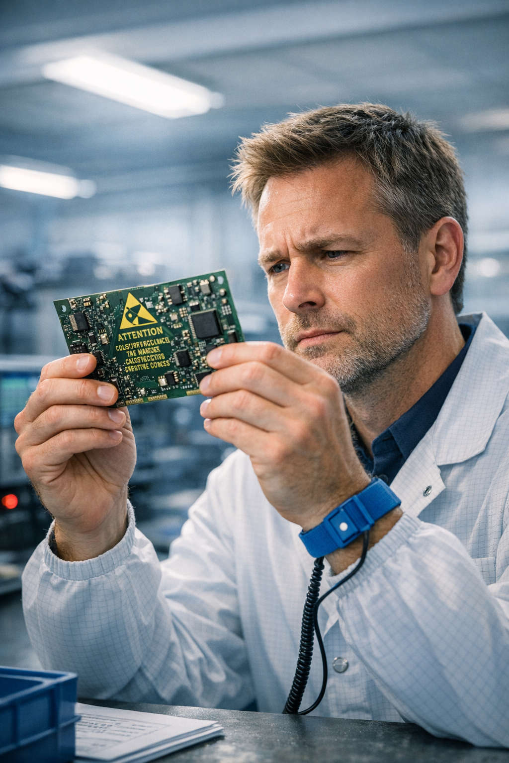 Engineer with ESD wrist strap examining a returned PCB under clean room lighting