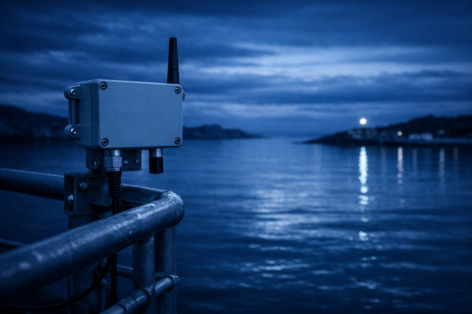 Weatherproof IoT sensor node mounted on a coastal railing at dusk, harbour lights reflecting on the water