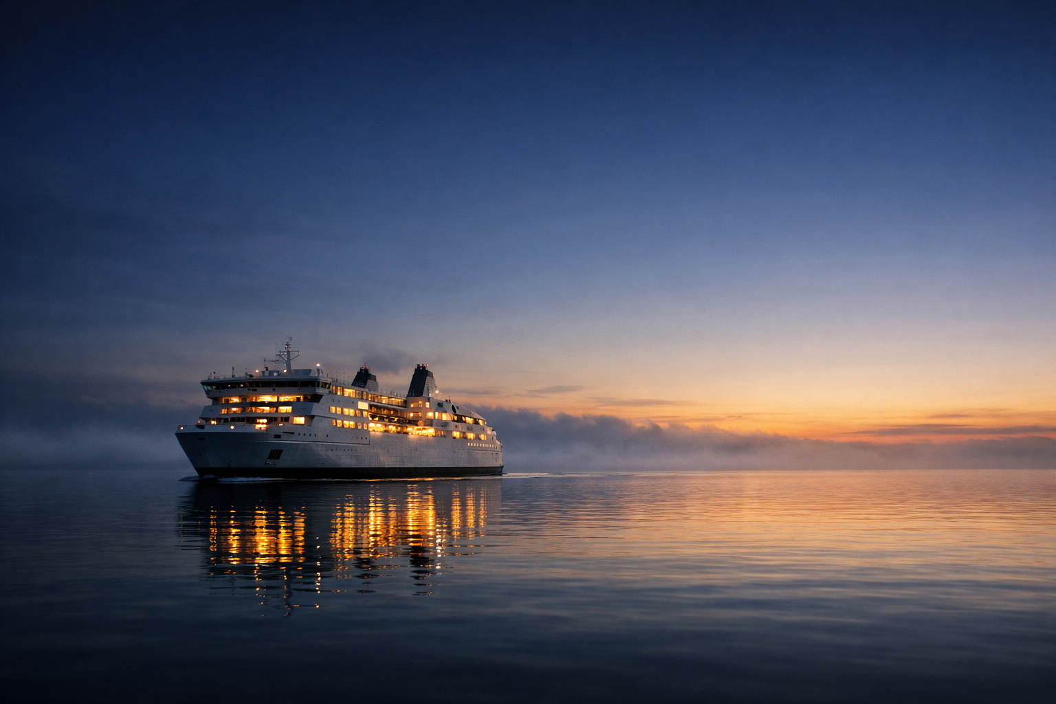 Ferry crossing open water at dawn.