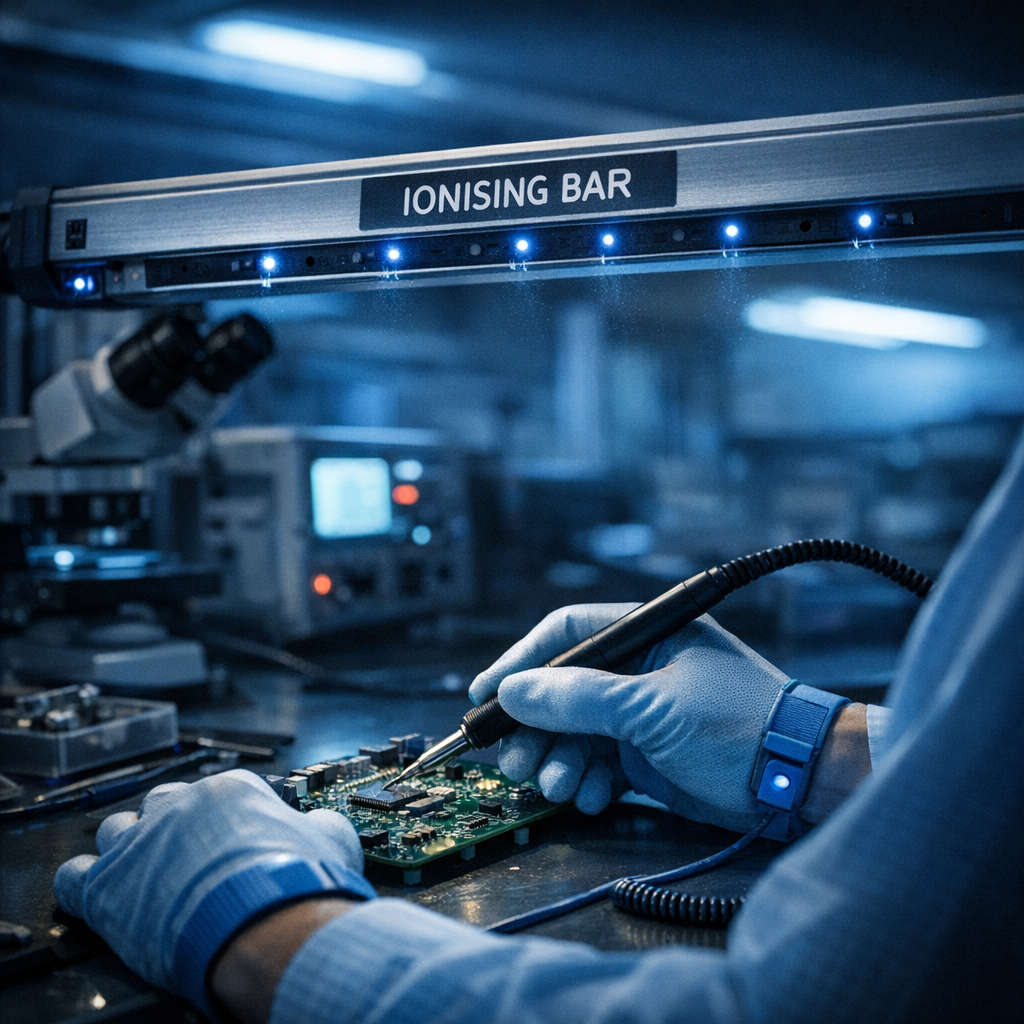 Overhead ionising bar above an electronics assembly workstation in a clean room
