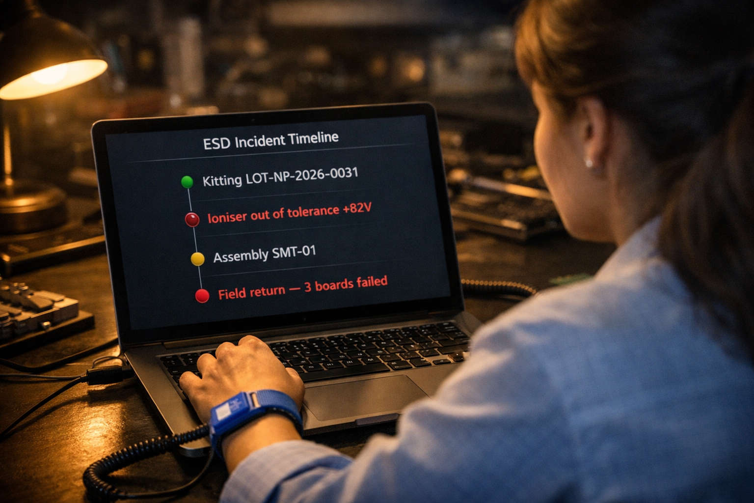 Quality engineer looking at ESD incident timeline on a laptop screen in a dark workshop