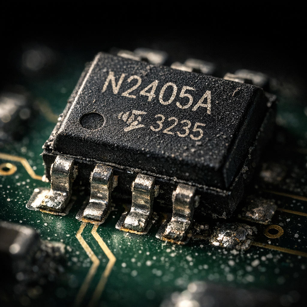 Extreme macro photograph of an SO-8 MOSFET on a green PCB, dramatic side lighting