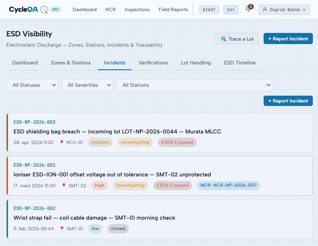 CycleQA ESD Incidents tab — three incidents with severity badges