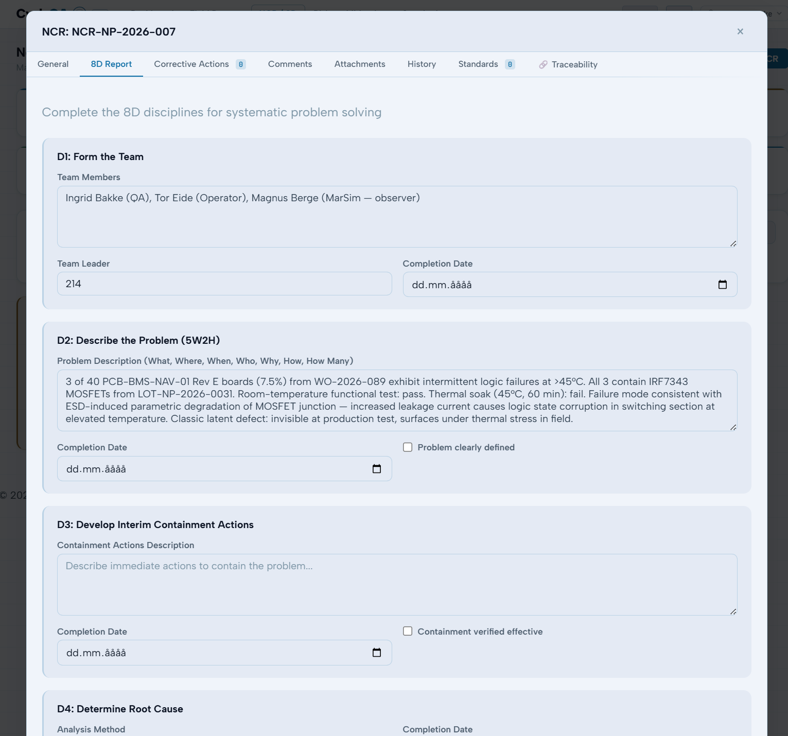 CycleQA NCR-NP-2026-007 8D Report — D1 and D2 visible