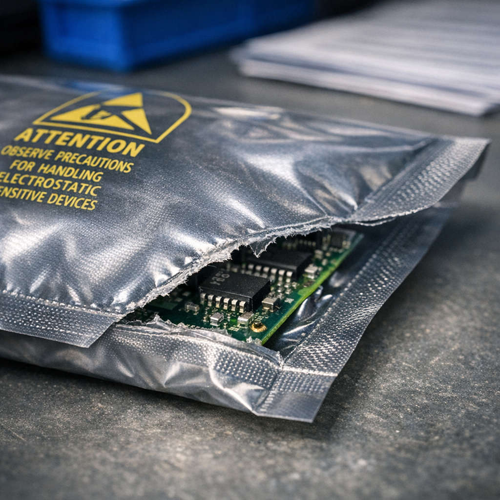 Torn ESD shielding bag with ATTENTION warning label and PCB visible inside