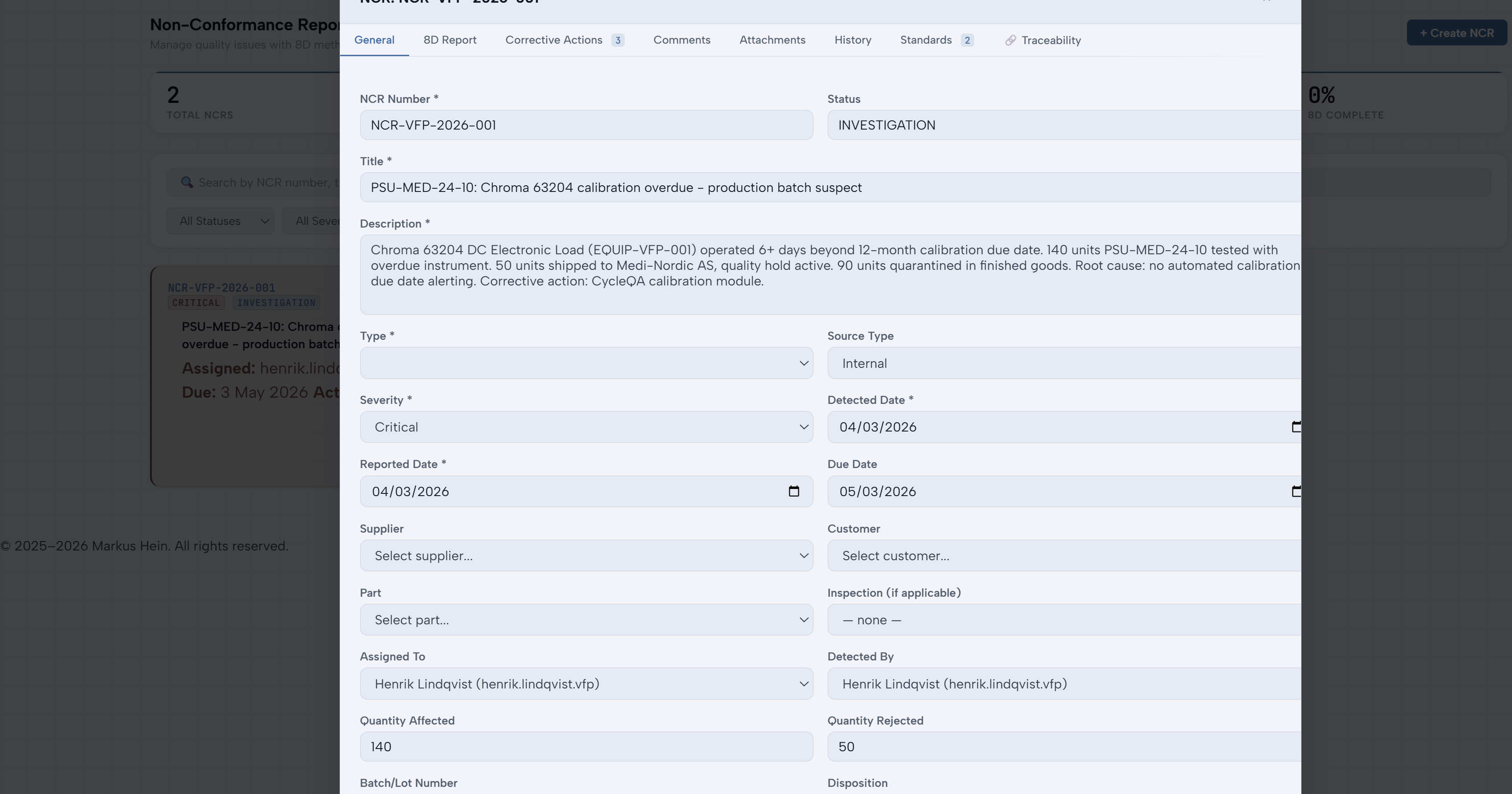 CycleQA NCR-VFP-2026-001 — title, severity critical, status investigation, 140 units affected, batch numbers